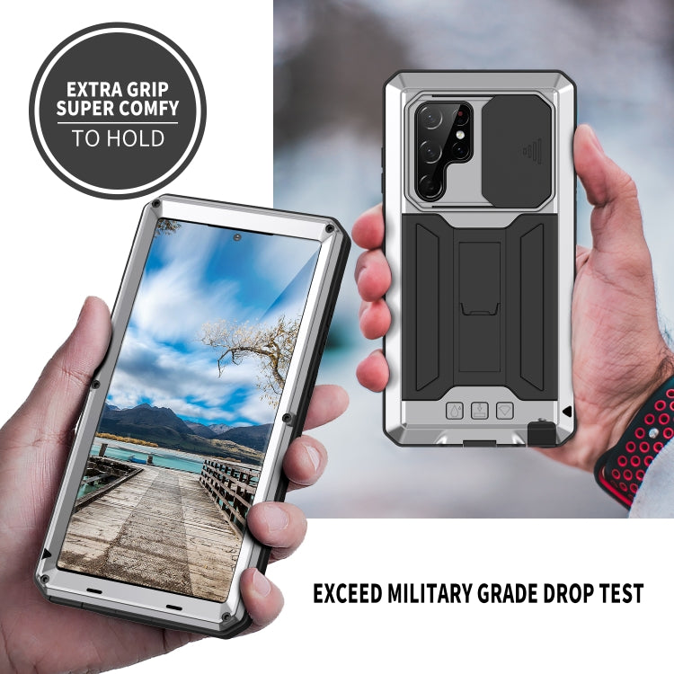 For Samsung Galaxy S22 Ultra 5G R-JUST Sliding Camera Metal + Silicone Holder Phone Case(Silver) - Samsung Accessories by R-JUST | Online Shopping UK | buy2fix