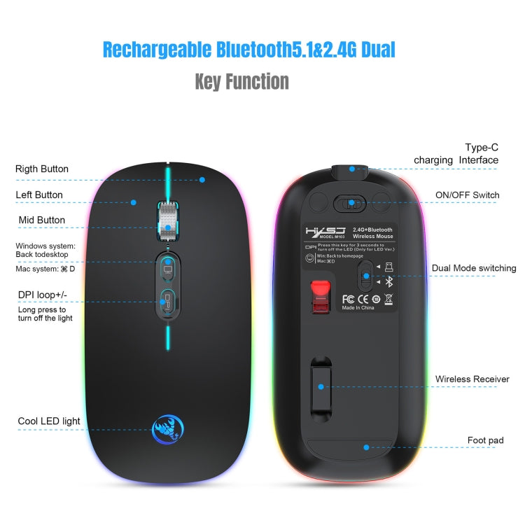 HXSJ M103FG 1600dpi Adjustable 2.4G + Bluetooth RGB Light Wireless Mouse(Black) - Wireless Mice by HXSJ | Online Shopping UK | buy2fix