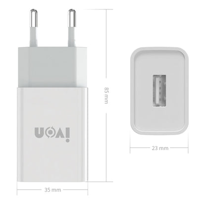 IVON AD-33 2 in 1 2.1A Single USB Port Travel Charger + 1m USB to 8 Pin Data Cable Set, EU Plug(White) - USB Charger by IVON | Online Shopping UK | buy2fix