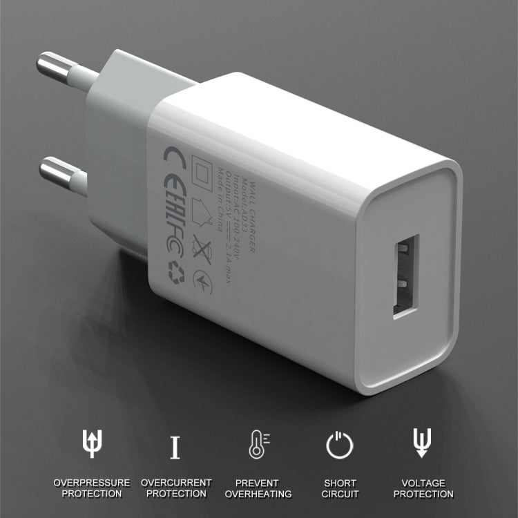 IVON AD-33 2 in 1 2.1A Single USB Port Travel Charger + 1m USB to 8 Pin Data Cable Set, EU Plug(White) - USB Charger by IVON | Online Shopping UK | buy2fix