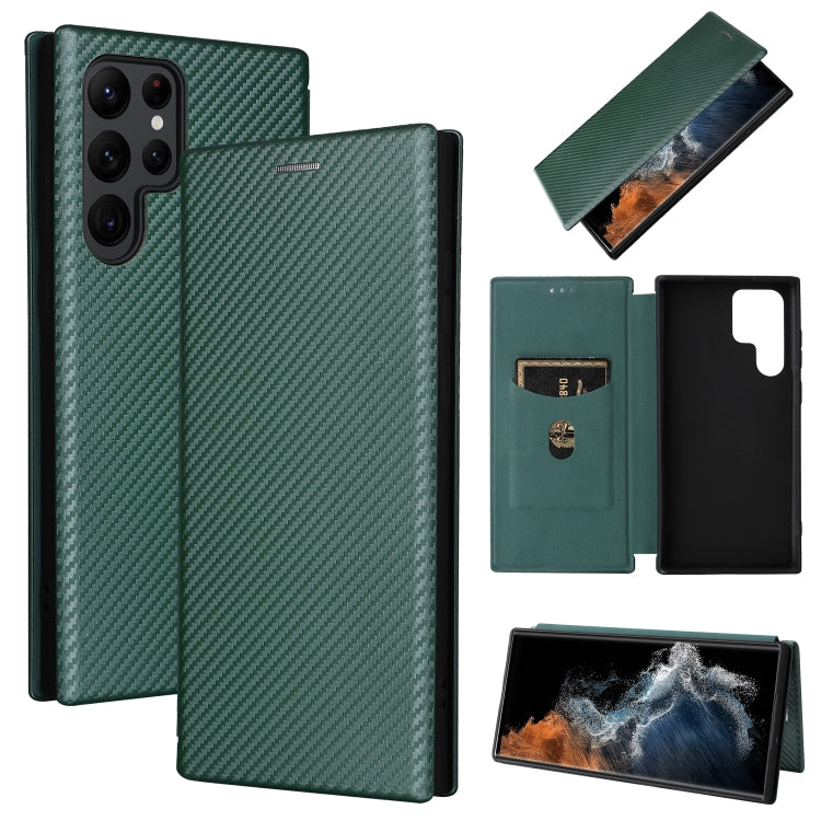 For Samsung Galaxy S22 Ultra 5G Carbon Fiber Texture Horizontal Flip Leather Phone Case(Green) - Samsung Accessories by buy2fix | Online Shopping UK | buy2fix