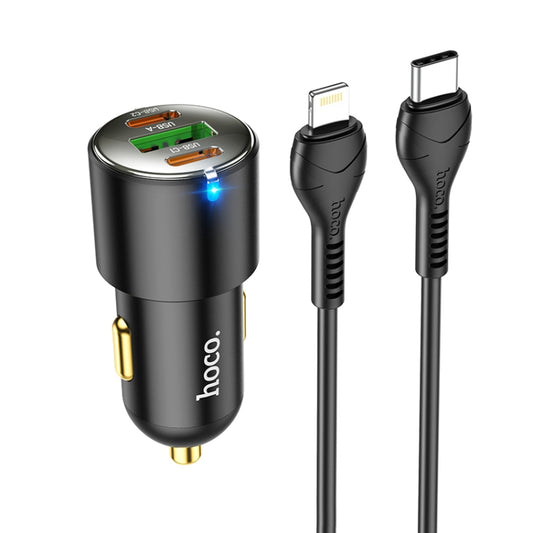 hoco NZ6 Dual Type-C / USB-C + USB PD45W 3-port Car Charger with Type-C / USB-C to 8 Pin Charging Cable(Black) - In Car by hoco | Online Shopping UK | buy2fix