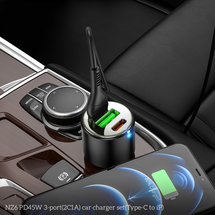 hoco NZ6 Dual Type-C / USB-C + USB PD45W 3-port Car Charger with Type-C / USB-C to 8 Pin Charging Cable(Black) - In Car by hoco | Online Shopping UK | buy2fix