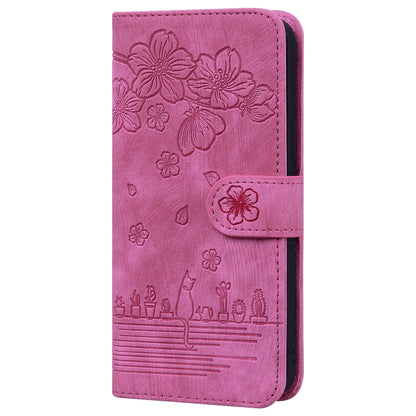 For Xiaomi Redmi Note 11 / Note 11S Global Cartoon Sakura Cat Embossed Leather Phone Case(Rose Red) - Xiaomi Cases by buy2fix | Online Shopping UK | buy2fix