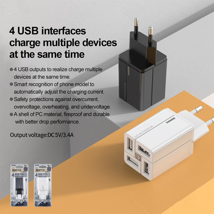 REMAX RP-U43 3.4A 4 USB Port Fast Charger, Specification:EU Plug(Black) - Mobile Accessories by REMAX | Online Shopping UK | buy2fix