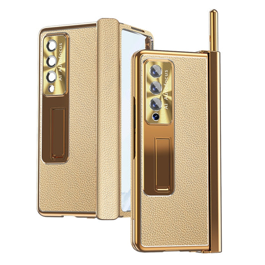 For Samsung Galaxy Z Fold4 Litchi Pattern Magnetic Shell Film Integrated Shockproof Phone Case(Gold) - Galaxy Z Fold4 5G Cases by buy2fix | Online Shopping UK | buy2fix