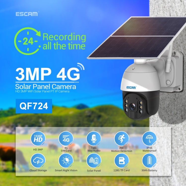 ESCAM QF724 3MP 24h Recording Cloud Storage PT 4G PIR Alarm IP Camera with Solar Panel, US Signal Bands - Security by ESCAM | Online Shopping UK | buy2fix