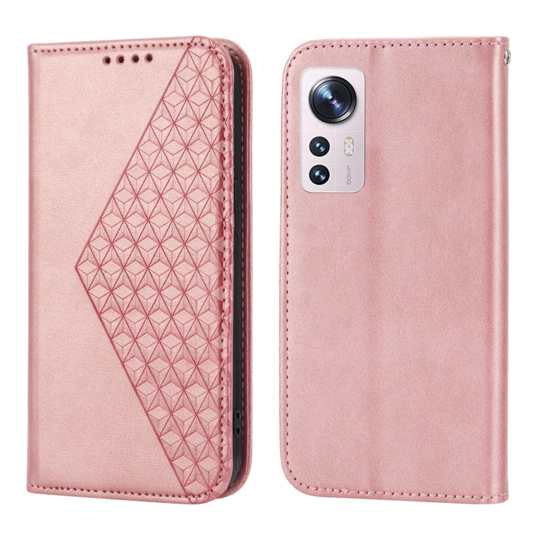 For Xiaomi 12/12X/12S Cubic Grid Calf Texture Magnetic Closure Leather Phone Case(Rose Gold) - Xiaomi Cases by buy2fix | Online Shopping UK | buy2fix