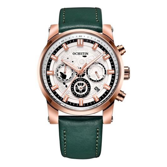 Ochstin 5111B Multifunctional Business Waterproof Luminous Leather Strap Quartz Watch(Rose Gold+Green) - Leather Strap Watches by OCHSTIN | Online Shopping UK | buy2fix