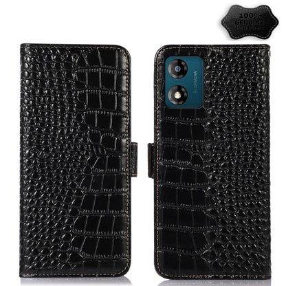 For Motorola Moto E13 4G 2023 Crocodile Top Layer Cowhide RFID Leather Phone Case(Black) - Motorola Cases by buy2fix | Online Shopping UK | buy2fix