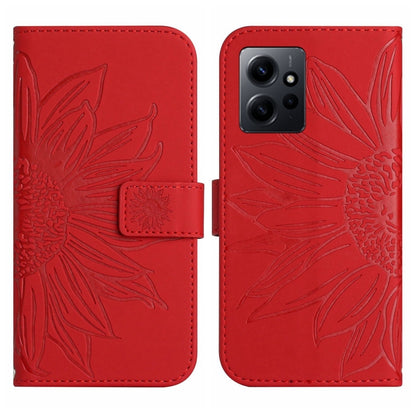 For Xiaomi Redmi Note 12 4G Global Skin Feel Sun Flower Embossed Flip Leather Phone Case with Lanyard(Red) - Note 12 Cases by buy2fix | Online Shopping UK | buy2fix