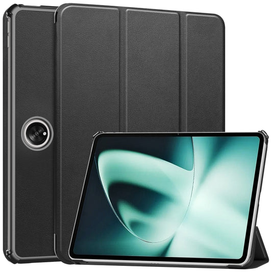 For OnePlus Pad Custer Pure Color 3-Fold Holder Smart Leather Tablet Case(Black) - Others by buy2fix | Online Shopping UK | buy2fix