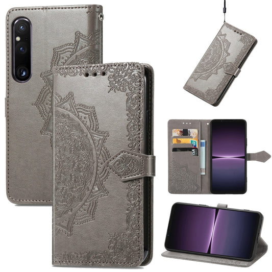 For Sony Xperia 1 IV Mandala Flower Embossed Leather Phone Case(Grey) - Sony Cases by buy2fix | Online Shopping UK | buy2fix