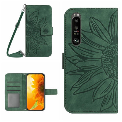 For Sony Xperia 1 V HT04 Skin Feel Sun Flower Embossed Flip Leather Phone Case with Lanyard(Green) - Sony Cases by buy2fix | Online Shopping UK | buy2fix