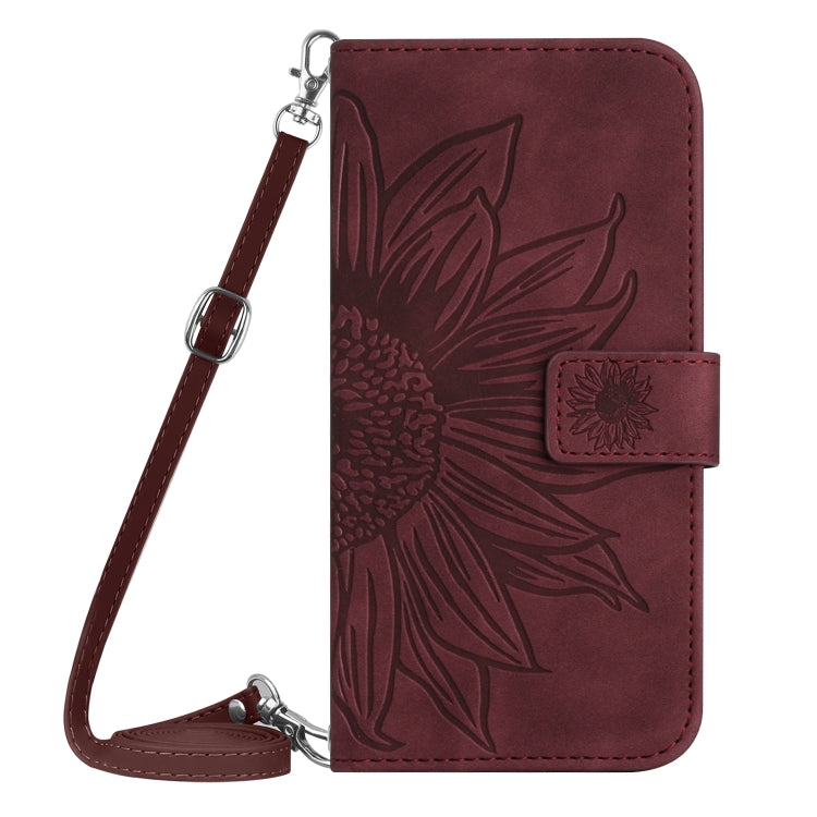 For Sony Xperia 10 V HT04 Skin Feel Sun Flower Embossed Flip Leather Phone Case with Lanyard(Wine Red) - Sony Cases by buy2fix | Online Shopping UK | buy2fix