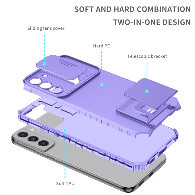 For Samsung Galaxy S22+ 5G Stereoscopic Holder Sliding Camshield Phone Case(Purple) - Galaxy S22+ 5G Cases by buy2fix | Online Shopping UK | buy2fix