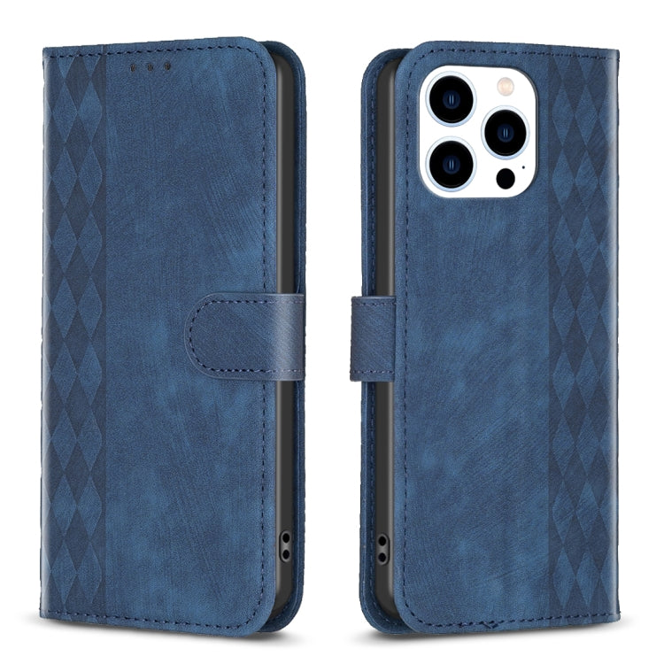 For iPhone 15 Pro Max Plaid Embossed Leather Phone Case(Blue) - iPhone 15 Pro Max Cases by buy2fix | Online Shopping UK | buy2fix