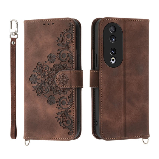 For Honor 90 5G Skin-feel Flowers Embossed Wallet Leather Phone Case(Brown) - Honor Cases by buy2fix | Online Shopping UK | buy2fix