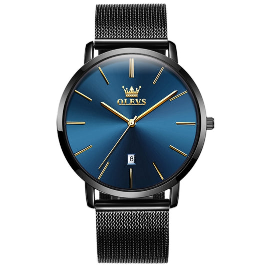 OLEVS 5869 Men Business Waterproof Steel Strap Quartz Watch(Blue + Black) - Metal Strap Watches by OLEVS | Online Shopping UK | buy2fix