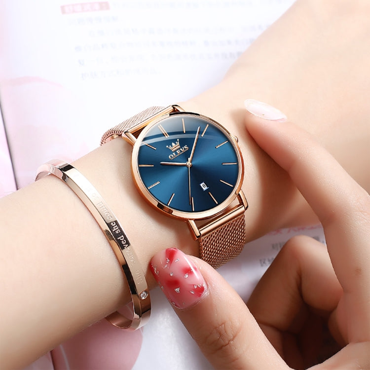 OLEVS 5869 Ladies Business Waterproof Steel Strap Quartz Watch(Blue + Rose Gold) - Metal Strap Watches by OLEVS | Online Shopping UK | buy2fix