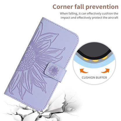 For iPhone 15 Plus Skin Feel Sun Flower Embossed Flip Leather Phone Case with Lanyard(Purple) - iPhone 15 Plus Cases by buy2fix | Online Shopping UK | buy2fix