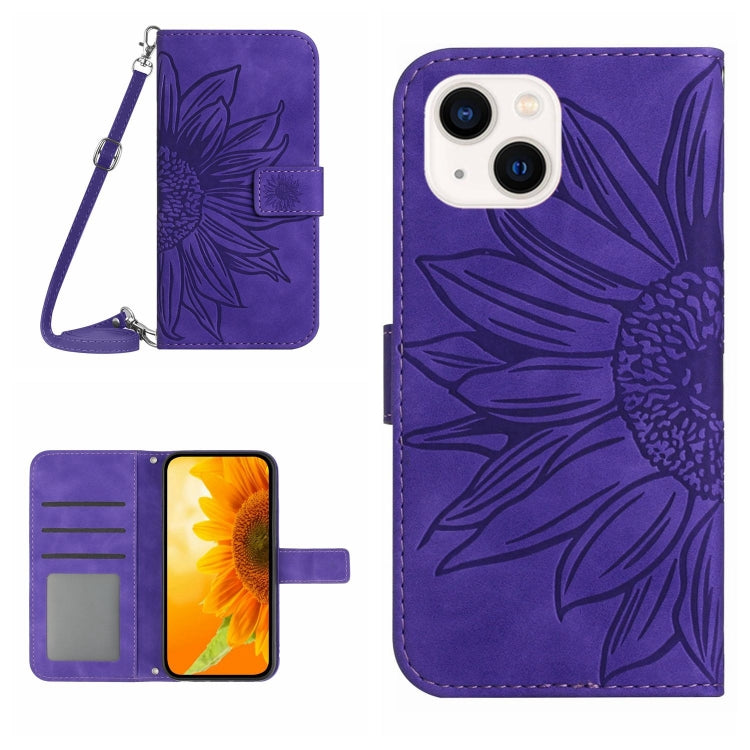 For iPhone 15 Plus Skin Feel Sun Flower Embossed Flip Leather Phone Case with Lanyard(Dark Purple) - iPhone 15 Plus Cases by buy2fix | Online Shopping UK | buy2fix