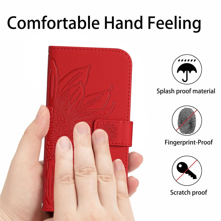 For iPhone 15 Pro Skin Feel Sun Flower Embossed Flip Leather Phone Case with Lanyard(Red) - iPhone 15 Pro Cases by buy2fix | Online Shopping UK | buy2fix