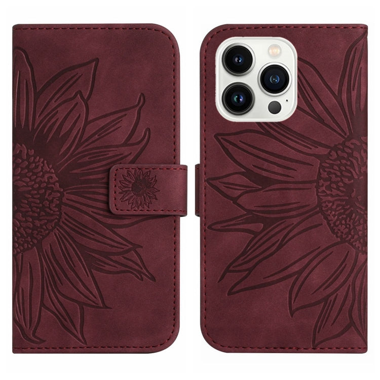 For iPhone 15 Pro Skin Feel Sun Flower Embossed Flip Leather Phone Case with Lanyard(Wine Red) - iPhone 15 Pro Cases by buy2fix | Online Shopping UK | buy2fix