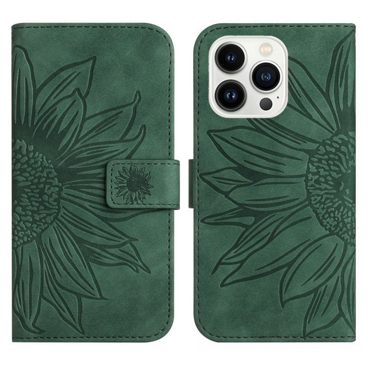 For iPhone 15 Pro Skin Feel Sun Flower Embossed Flip Leather Phone Case with Lanyard(Green) - iPhone 15 Pro Cases by buy2fix | Online Shopping UK | buy2fix