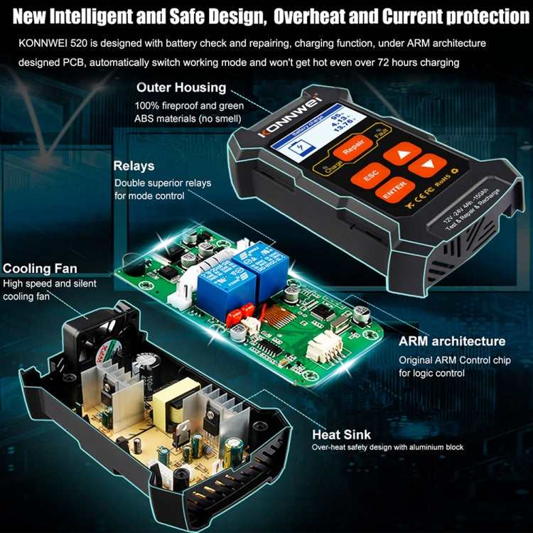 KONNWEI KW520 12V / 24V 3 in 1 Car Battery Tester with Detection & Repair & Charging Function(US Plug) - Code Readers & Scan Tools by KONNWEI | Online Shopping UK | buy2fix