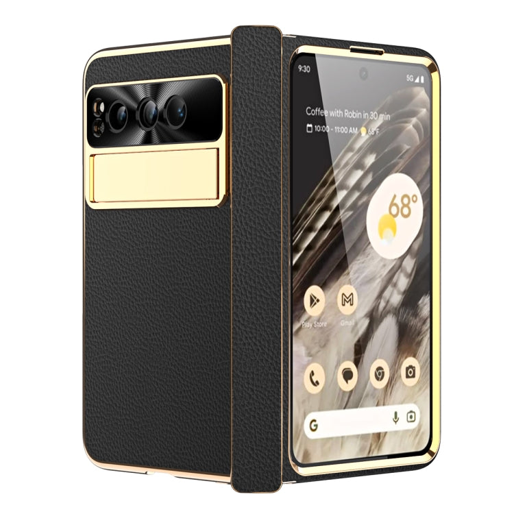 For Google Pixel Fold Litchi Pattern Electroplating Folding Phone Case with Hinge(Black) - Google Cases by buy2fix | Online Shopping UK | buy2fix