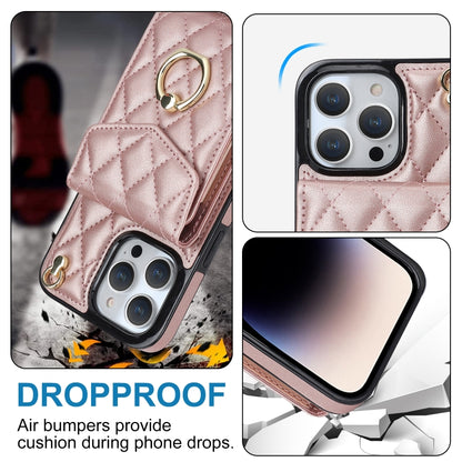 For iPhone 15 Pro Max Rhombic Texture Card Bag Phone Case with Long Lanyard(Rose Gold) - iPhone 15 Pro Max Cases by buy2fix | Online Shopping UK | buy2fix