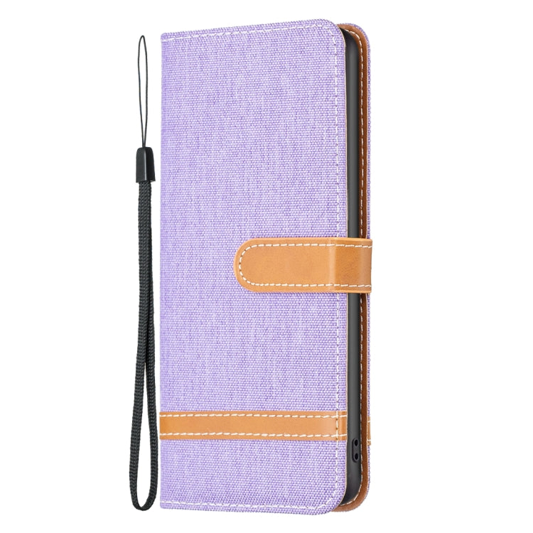 For iPhone 15 Color Block Denim Texture Leather Phone Case(Purple) - iPhone 15 Cases by buy2fix | Online Shopping UK | buy2fix