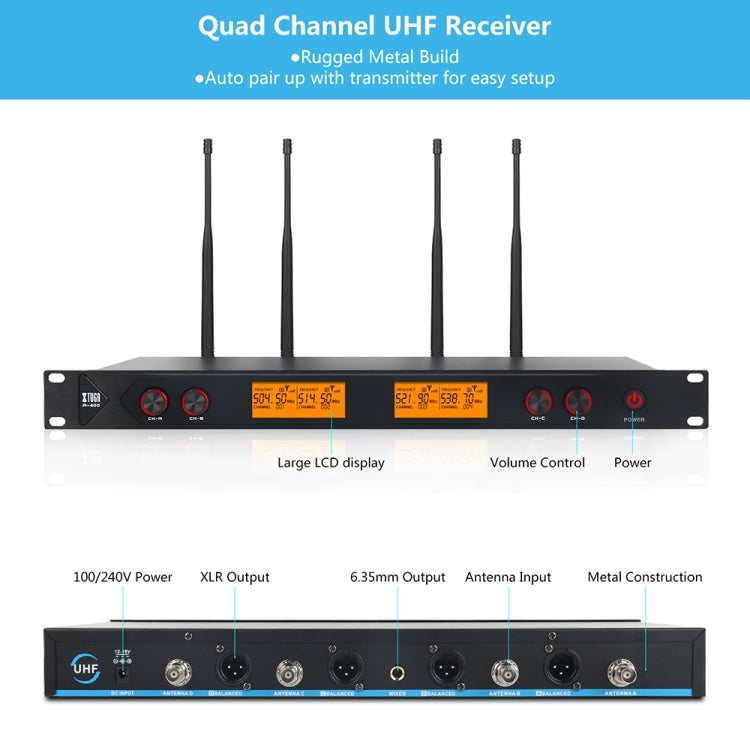 XTUGA A400-HB Professional 4-Channel UHF Wireless Microphone System with 2 Handheld & 2 Headset Microphone(AU Plug) - Microphone by XTUGA | Online Shopping UK | buy2fix