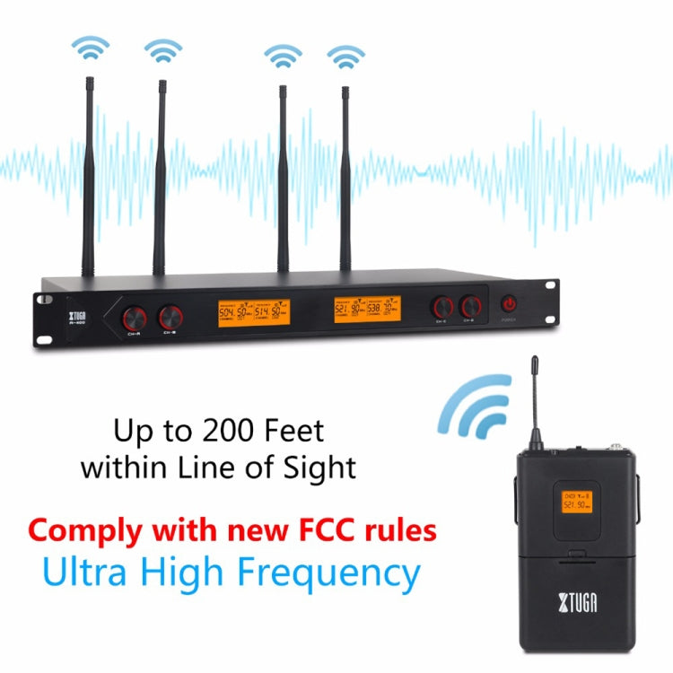 XTUGA A400-B Professional 4-Channel UHF Wireless Microphone System with 4 BodyPack Lavalier Headset Microphone(AU Plug) - Microphone by XTUGA | Online Shopping UK | buy2fix