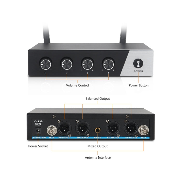 XTUGA S400 Professional 4-Channel UHF Wireless Microphone System with 4 Handheld Microphone(UK Plug) - Microphone by XTUGA | Online Shopping UK | buy2fix