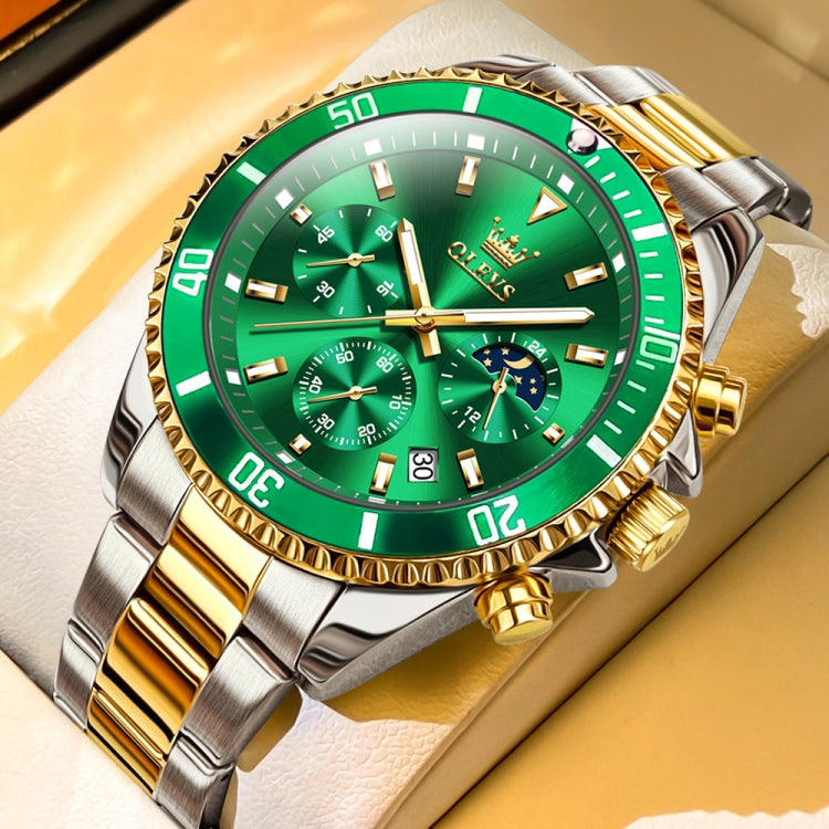 OLEVS 2870 Men Multifunctional Chronograph Three Eyes Waterproof Quartz Watch(Green + Gold) - Metal Strap Watches by OLEVS | Online Shopping UK | buy2fix