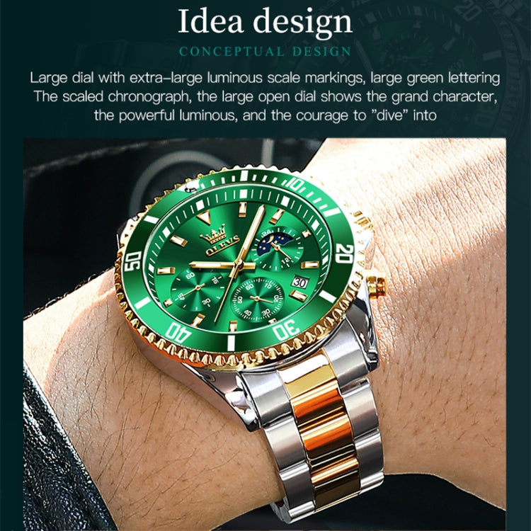 OLEVS 2870 Men Multifunctional Chronograph Three Eyes Waterproof Quartz Watch(Green + Gold) - Metal Strap Watches by OLEVS | Online Shopping UK | buy2fix