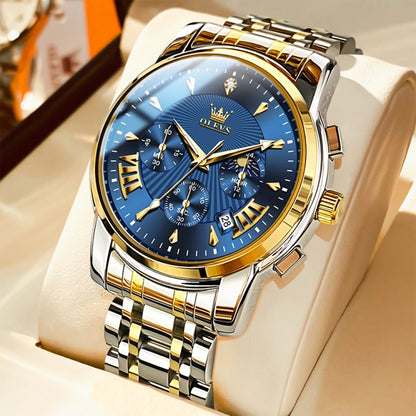 OLEVS 2892 Men Multifunctional Business Waterproof Quartz Watch(Blue + Gold) - Metal Strap Watches by OLEVS | Online Shopping UK | buy2fix