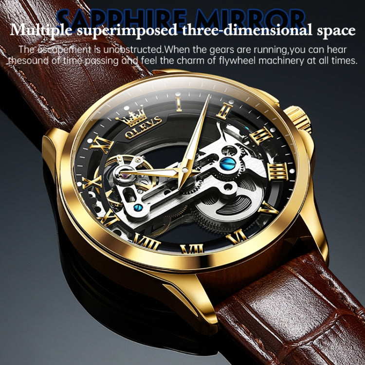 OLEVS 6661 Men Fashion Luminous Waterproof Mechanical Watch(Black + Gold) - Leather Strap Watches by OLEVS | Online Shopping UK | buy2fix