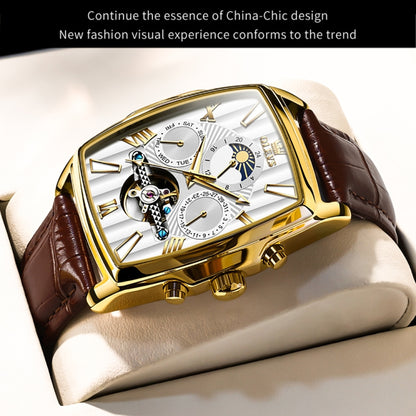 OLEVS 6675 Men Multifunctional Moon Phase Tourbillon Mechanical Watch(White + Gold) - Leather Strap Watches by OLEVS | Online Shopping UK | buy2fix