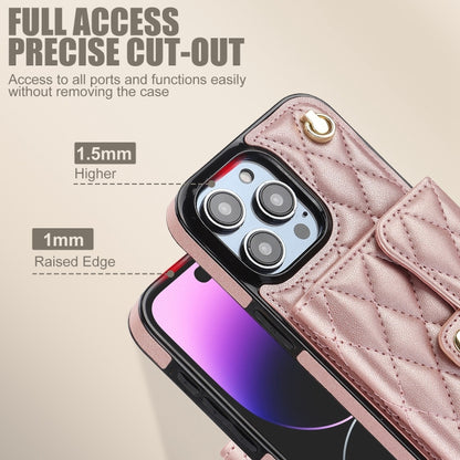 For iPhone 15 Pro Max Crossbody Rhombic Horizontal Wallet Leather Phone Case(Rose Gold) - iPhone 15 Pro Max Cases by buy2fix | Online Shopping UK | buy2fix