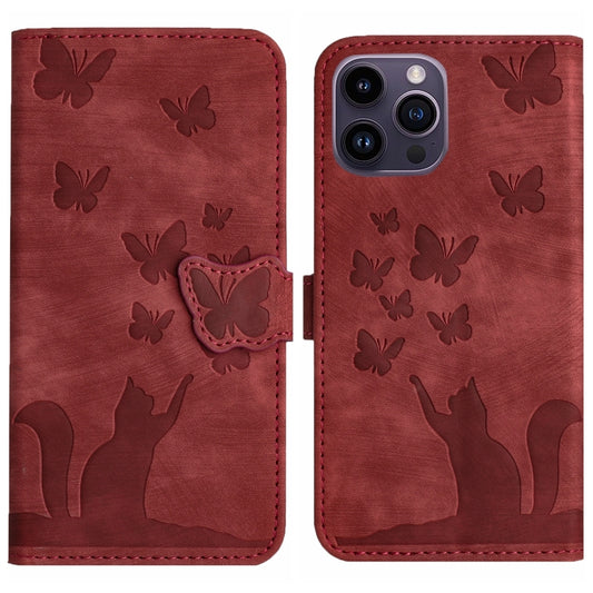 For iPhone 15 Pro Max Butterfly Cat Embossing Flip Leather Phone Case(Red) - iPhone 15 Pro Max Cases by buy2fix | Online Shopping UK | buy2fix