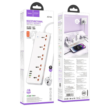 hoco AC14A Rico 5-position Socket with PD30W+3USB Ports, Cable Length: 1.5m, EU Plug(White) - Extension Socket by hoco | Online Shopping UK | buy2fix