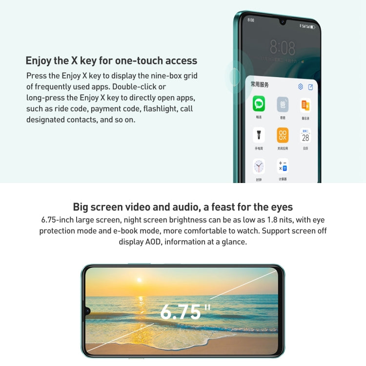 HUAWEI Enjoy 70, 8GB+256GB, Side Fingerprint Identification, 6.75 inch HarmonyOS 4.0 Kirin 710A Octa Core 2.0GHz, Network: 4G, OTG, Not Support Google Play(Green) - Huawei Mate & P by Huawei | Online Shopping UK | buy2fix