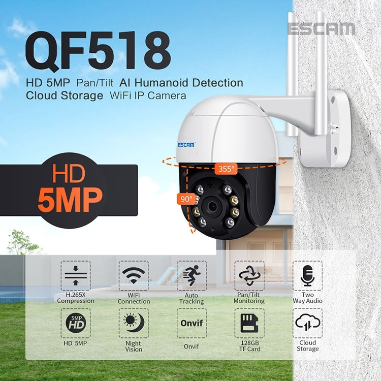 ESCAM QF518 5MP Smart WiFi IP Camera, Support AI Humanoid Detection / Auto Tracking / Dual Light Night Vision / Cloud Storage / Two Way Audio / TF Card, Plug:EU Plug(White) - Dome Camera by ESCAM | Online Shopping UK | buy2fix