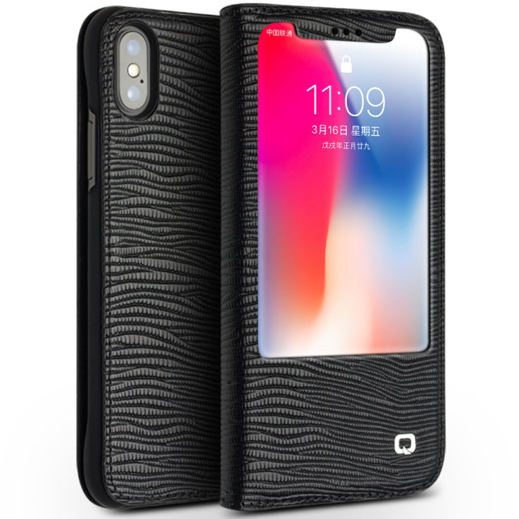 For iPhone X / XS QIALINO Lizard Texture Horizontal Flip Leather Case with Smart View Window & Sleep / Wake-up Function(Black) - More iPhone Cases by QIALINO | Online Shopping UK | buy2fix