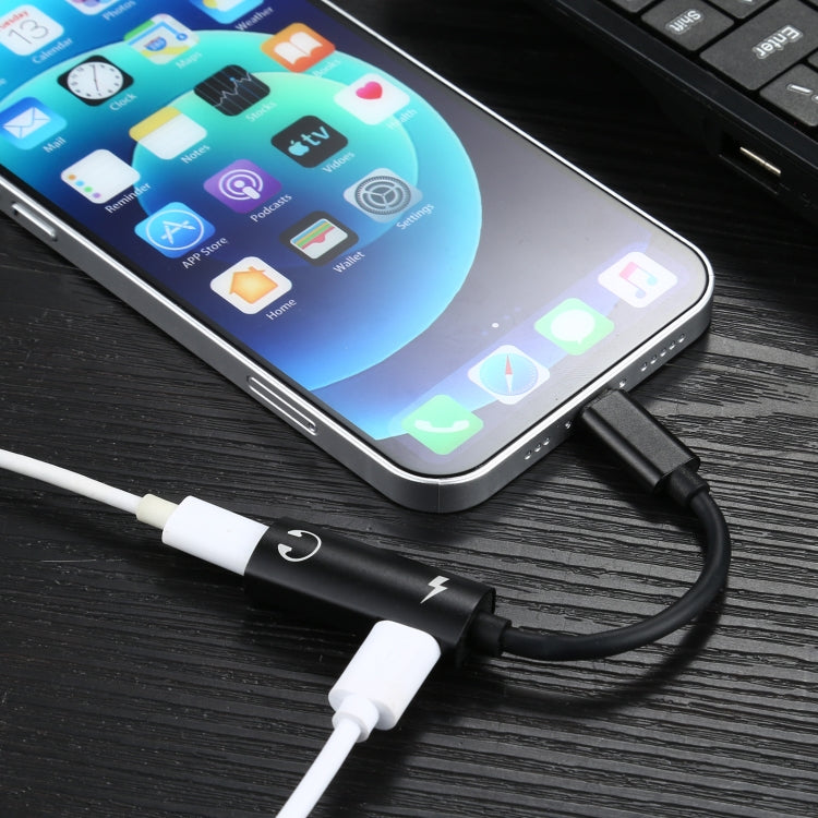 2 in 1 8 Pin Male to Dual 8 Pin Female Charging and Listening to Music Audio Earphone Adapter, Compatible with All IOS Systems(Black) - Earphone Adapter by buy2fix | Online Shopping UK | buy2fix