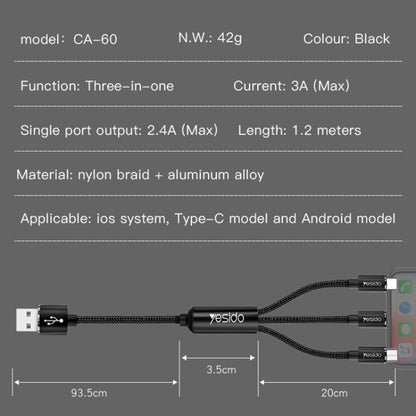 Yesido CA60 3A USB to 8 Pin + Micro USB + USB-C / Type-C Charging Cable, Length: 1.2m - Multifunction Cable by Yesido | Online Shopping UK | buy2fix