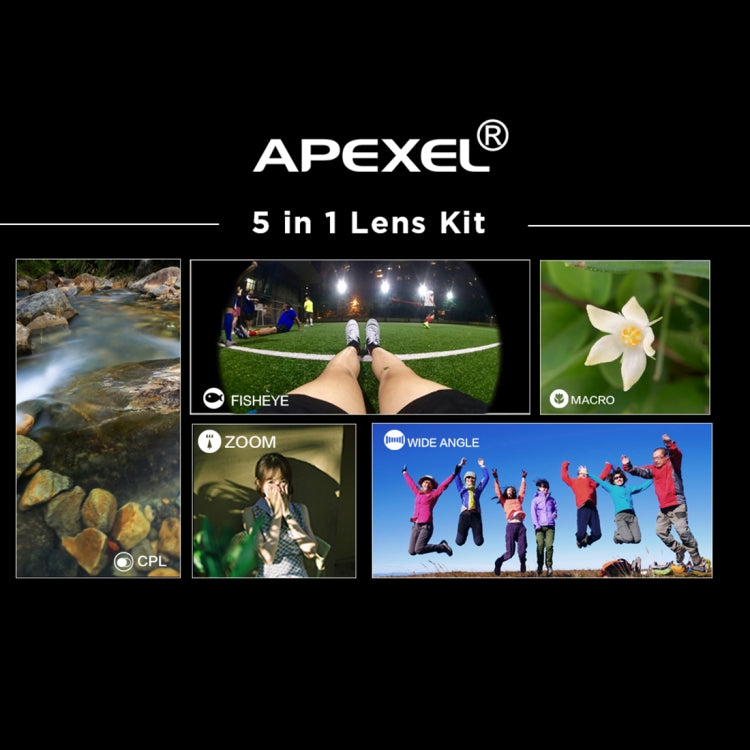 APEXEL APL-DG5 5 in 1 Universal 15X Macro Lens+0.63X Wide-angle Lens+198 Degrees Fisheye Lens+2X Telephoto Lens+CPL Lens, For iPhone, Samsung, Huawei, Xiaomi, HTC and Other Smartphones, Ultra-thin Digital Camera - Combination Lens by APEXEL | Online Shopping UK | buy2fix